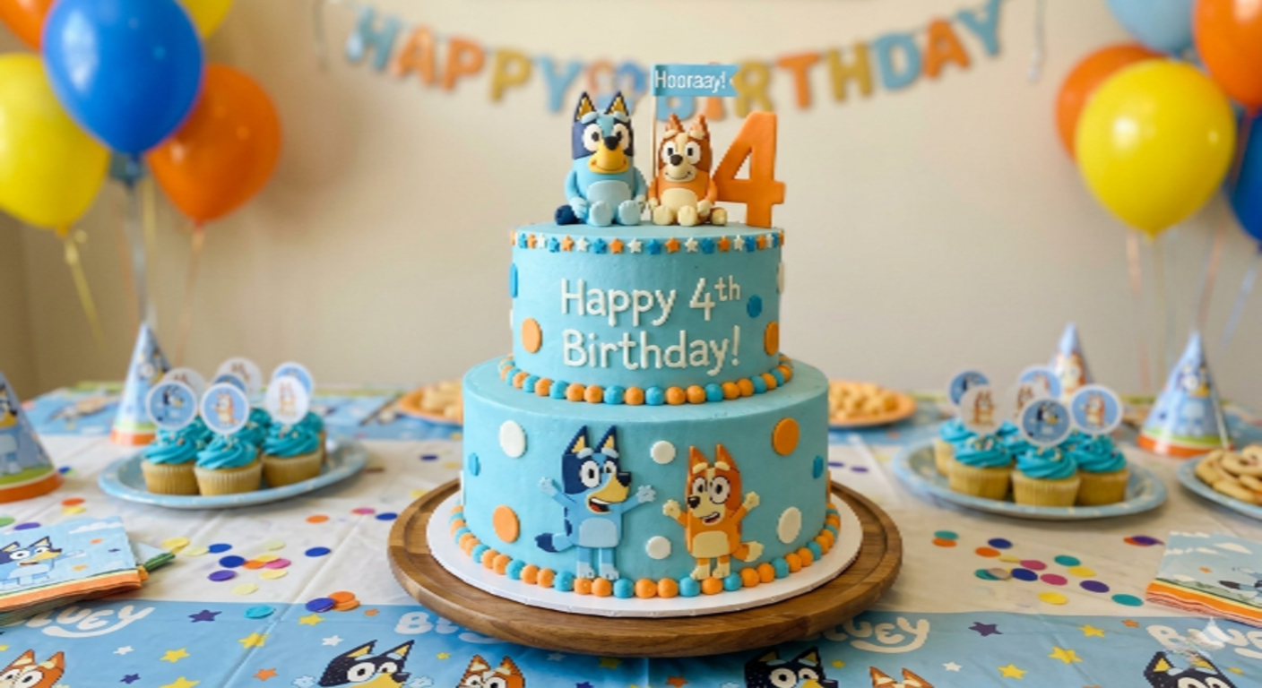 Bluey birthday cake decorated with Bluey and Bingo characters and blue and orange icing